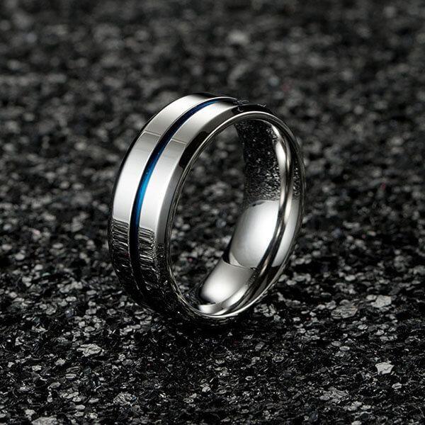 Blue Groove Titanium Wedding Band - Silver & Blue Ring for Men