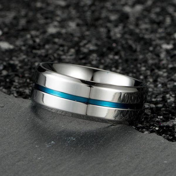 Blue Groove Titanium Wedding Band - Silver & Blue Ring for Men