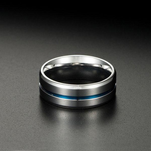 Blue Groove Titanium Wedding Band - Silver & Blue Ring for Men