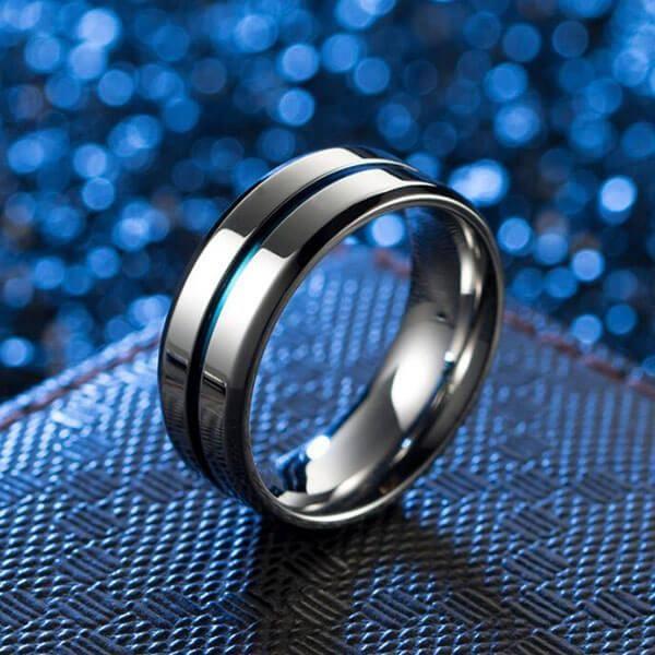 Blue Groove Titanium Wedding Band - Silver & Blue Ring for Men