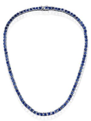 Classic Round Cut Blue Cubic Zirconia Tennis Necklace for Women - Sterling Silver