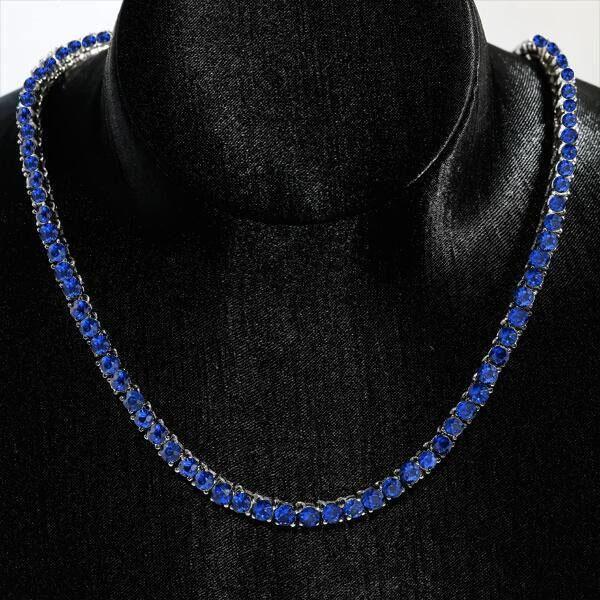 Classic Round Cut Blue Cubic Zirconia Tennis Necklace for Women - Sterling Silver