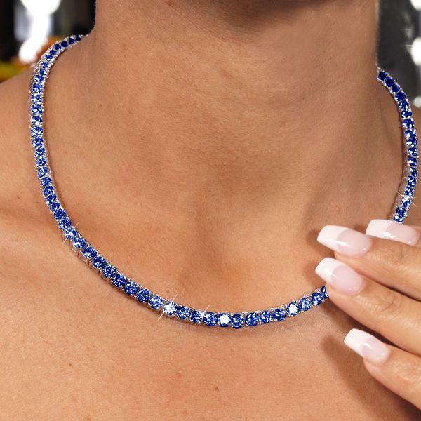 Classic Round Cut Blue Cubic Zirconia Tennis Necklace for Women - Sterling Silver
