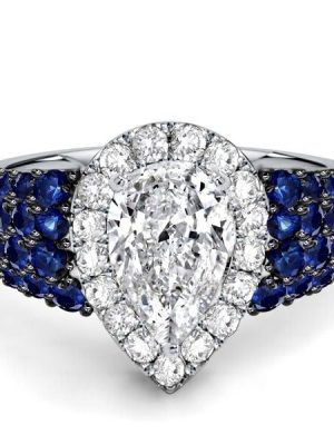 Two Tone Halo Pear Cut Blue Sapphire Engagement Ring in Sterling Silver