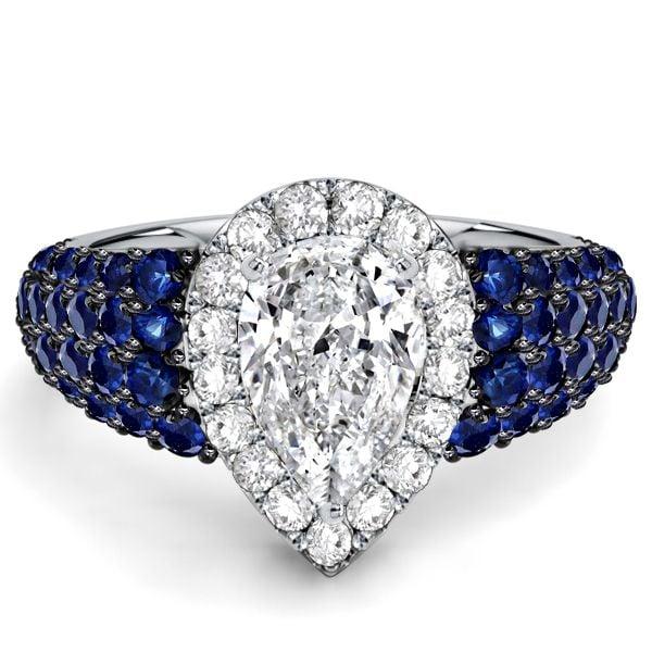 Two Tone Halo Pear Cut Blue Sapphire Engagement Ring in Sterling Silver