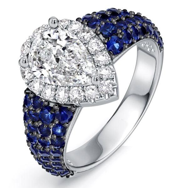 Two Tone Halo Pear Cut Blue Sapphire Engagement Ring in Sterling Silver