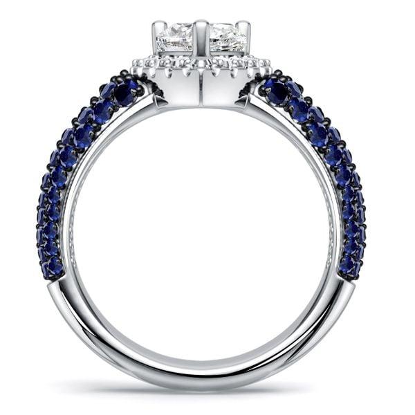 Two Tone Halo Pear Cut Blue Sapphire Engagement Ring in Sterling Silver