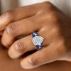 Two Tone Halo Pear Cut Blue Sapphire Engagement Ring in Sterling Silver
