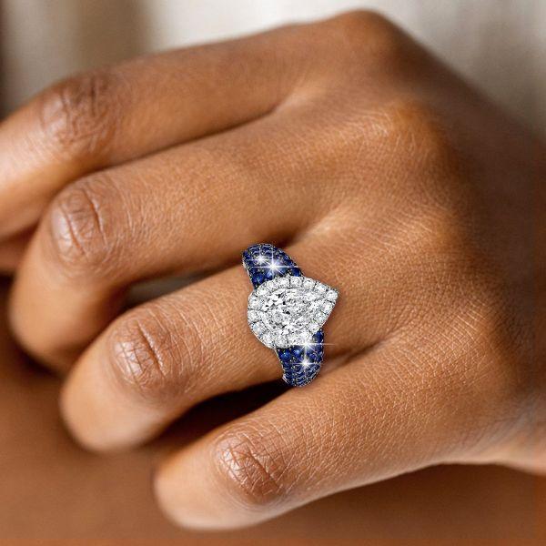 Two Tone Halo Pear Cut Blue Sapphire Engagement Ring in Sterling Silver