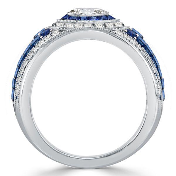 Blue Sapphire Milgrain Halo Engagement Ring in 925 Sterling Silver