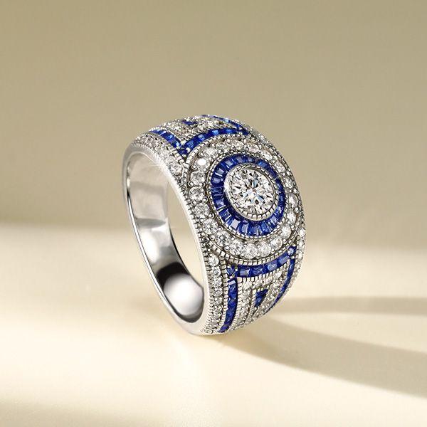 Blue Sapphire Milgrain Halo Engagement Ring in 925 Sterling Silver