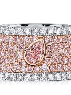 Sterling Silver Multi-Row Band Ring with Micro-Pave Emerald and Pink Pear Shaped Stones