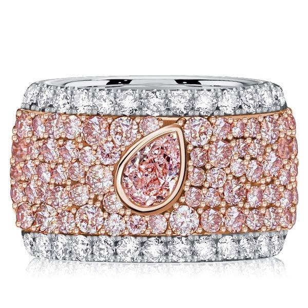 Sterling Silver Multi-Row Band Ring with Micro-Pave Emerald and Pink Pear Shaped Stones