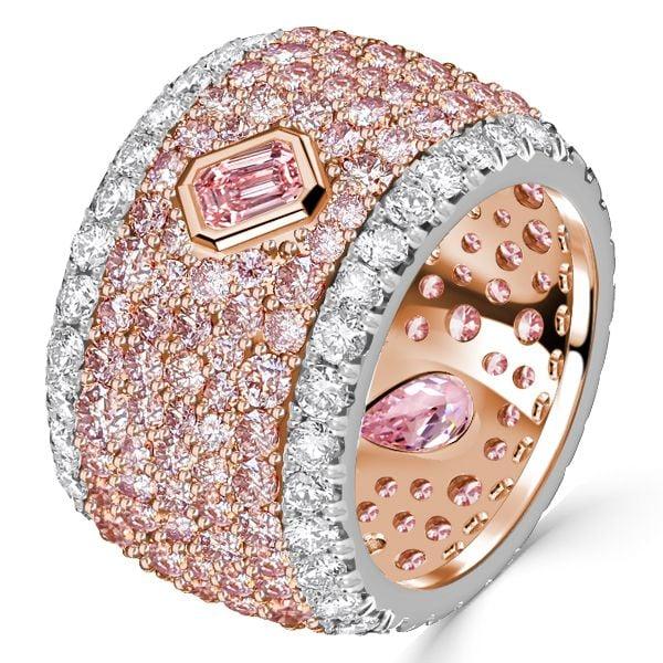 Sterling Silver Multi-Row Band Ring with Micro-Pave Emerald and Pink Pear Shaped Stones