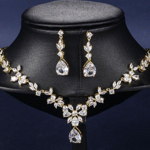 18k Gold Plated Sterling Silver Pear Cut Fashion Necklace and Earring Jewelry Set
