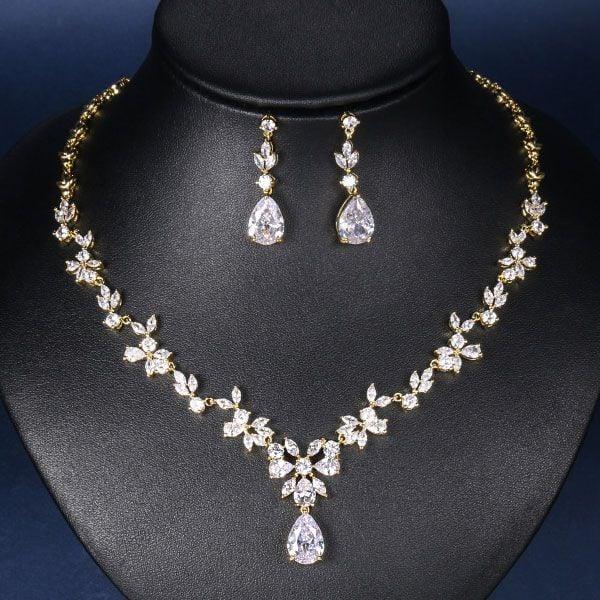 18k Gold Plated Sterling Silver Pear Cut Fashion Necklace and Earring Jewelry Set
