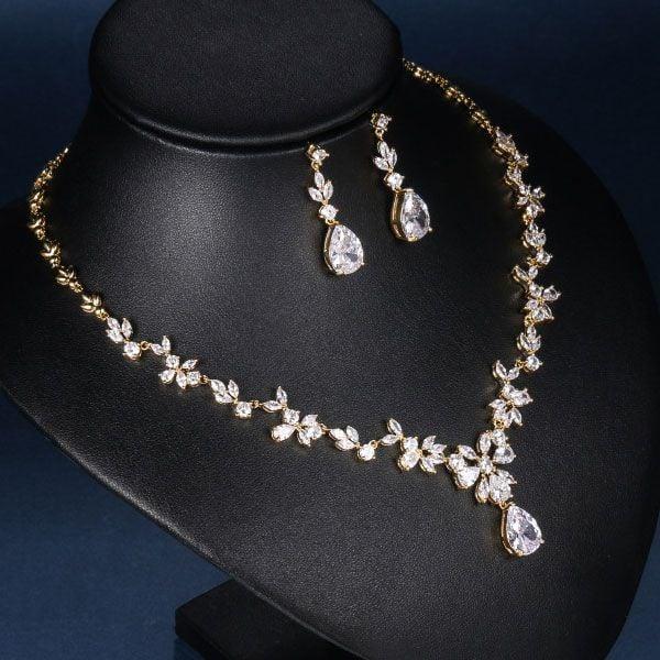 18k Gold Plated Sterling Silver Pear Cut Fashion Necklace and Earring Jewelry Set
