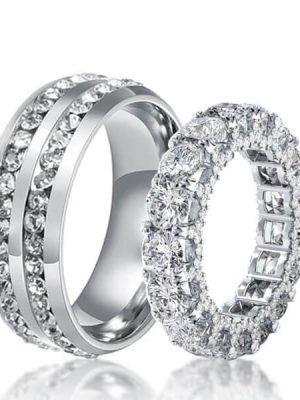 Wedding Couple Rings: Halo Eternity White Sapphire & Titanium/Sterling Silver
