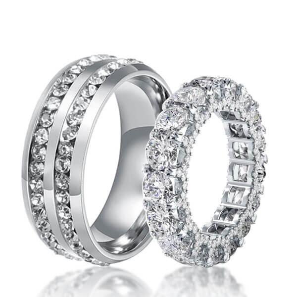 Wedding Couple Rings: Halo Eternity White Sapphire & Titanium/Sterling Silver