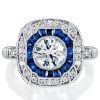 Art Deco Milgrain Halo Blue Sapphire Engagement Ring in Sterling Silver