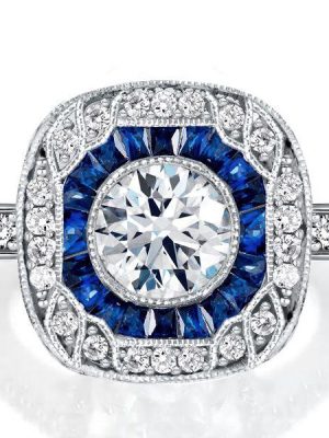 Art Deco Milgrain Halo Blue Sapphire Engagement Ring in Sterling Silver
