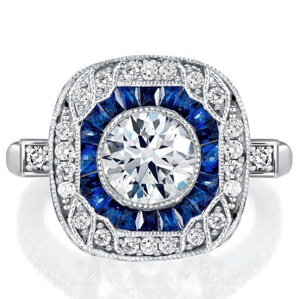 Art Deco Milgrain Halo Blue Sapphire Engagement Ring in Sterling Silver