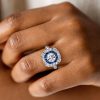 Art Deco Milgrain Halo Blue Sapphire Engagement Ring in Sterling Silver