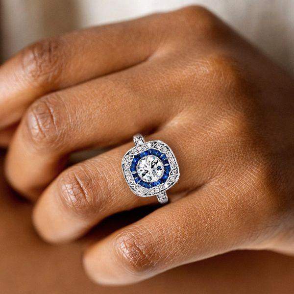 Art Deco Milgrain Halo Blue Sapphire Engagement Ring in Sterling Silver