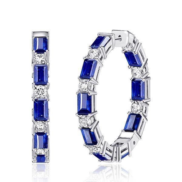 Large Emerald Cut Blue Sapphire Hoop Earrings in 925 Sterling Silver for Women