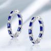 Large Emerald Cut Blue Sapphire Hoop Earrings in 925 Sterling Silver for Women