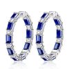 Large Emerald Cut Blue Sapphire Hoop Earrings in 925 Sterling Silver for Women