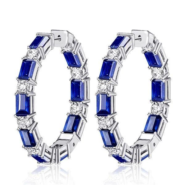 Large Emerald Cut Blue Sapphire Hoop Earrings in 925 Sterling Silver for Women