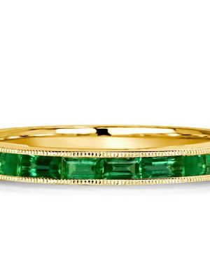Emerald Green Milgrain Half Eternity Band - 18K Gold Plated Sterling Silver Wedding Ring