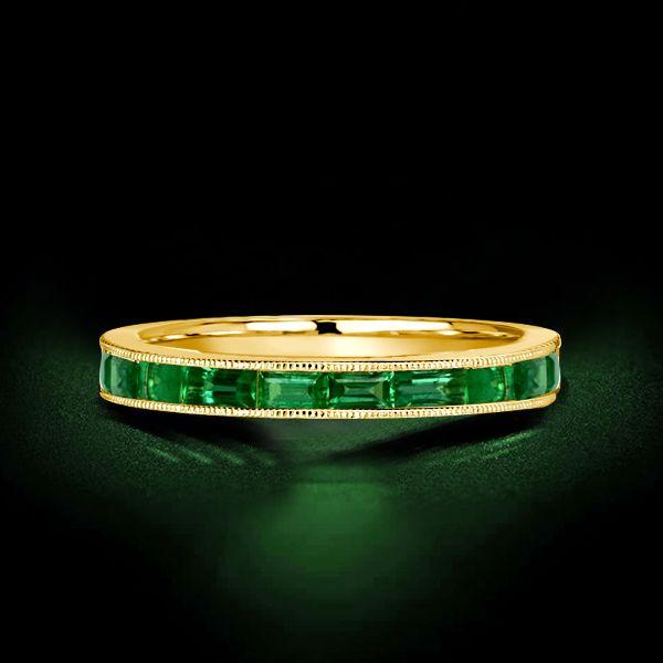 Emerald Green Milgrain Half Eternity Band - 18K Gold Plated Sterling Silver Wedding Ring
