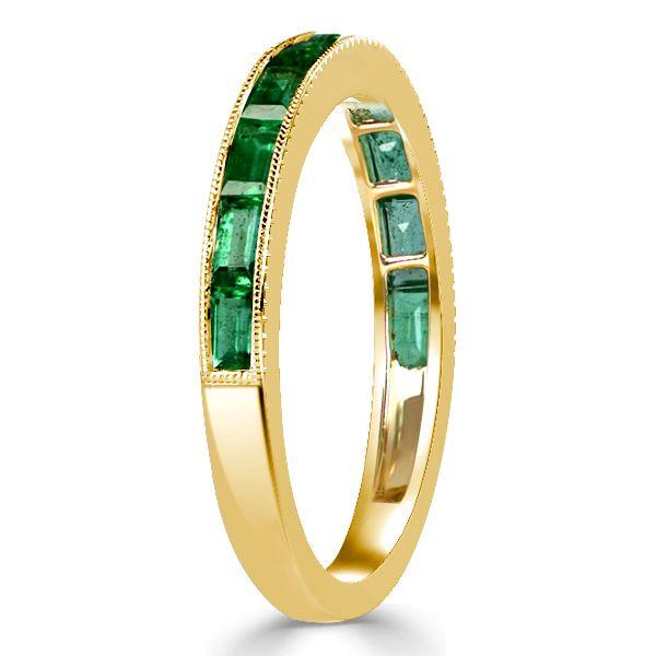 Emerald Green Milgrain Half Eternity Band - 18K Gold Plated Sterling Silver Wedding Ring