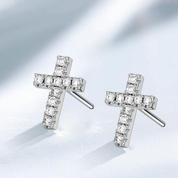 Dainty Sterling Silver Cross Stud Earrings for Women - Sparkling CZ Accents