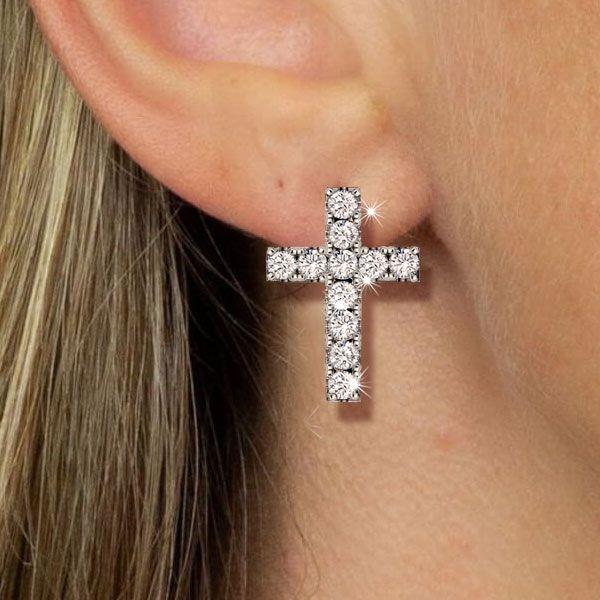 Dainty Sterling Silver Cross Stud Earrings for Women - Sparkling CZ Accents