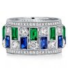 Emerald & Sapphire Milgrain Eternity Band - Sterling Silver Vintage Wedding Ring