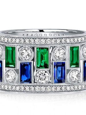 Emerald & Sapphire Milgrain Eternity Band - Sterling Silver Vintage Wedding Ring