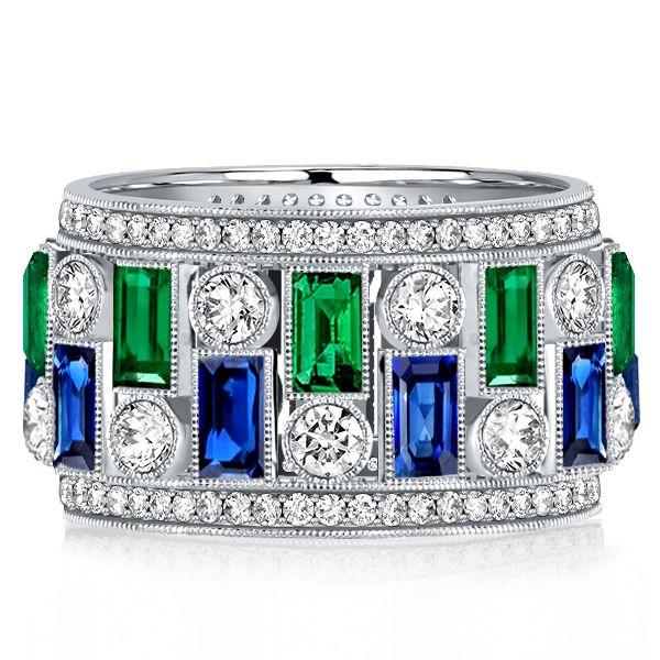 Emerald & Sapphire Milgrain Eternity Band - Sterling Silver Vintage Wedding Ring