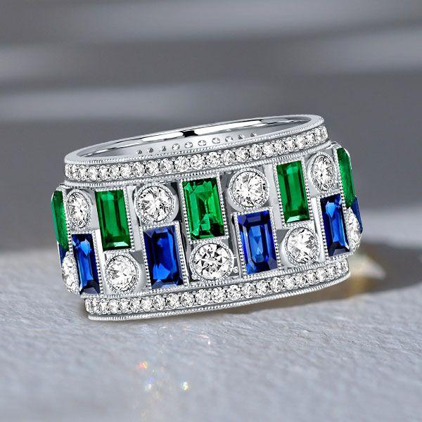 Emerald & Sapphire Milgrain Eternity Band - Sterling Silver Vintage Wedding Ring