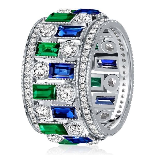 Emerald & Sapphire Milgrain Eternity Band - Sterling Silver Vintage Wedding Ring