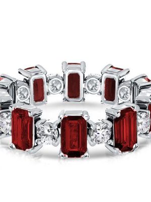 Garnet, Emerald & Round Sterling Silver Wedding Band - Alternating Gemstone Ring