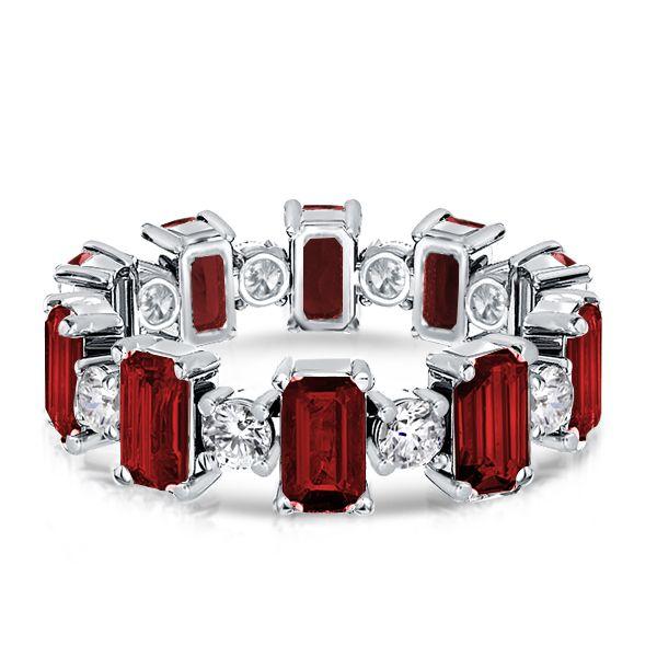Garnet, Emerald & Round Sterling Silver Wedding Band - Alternating Gemstone Ring