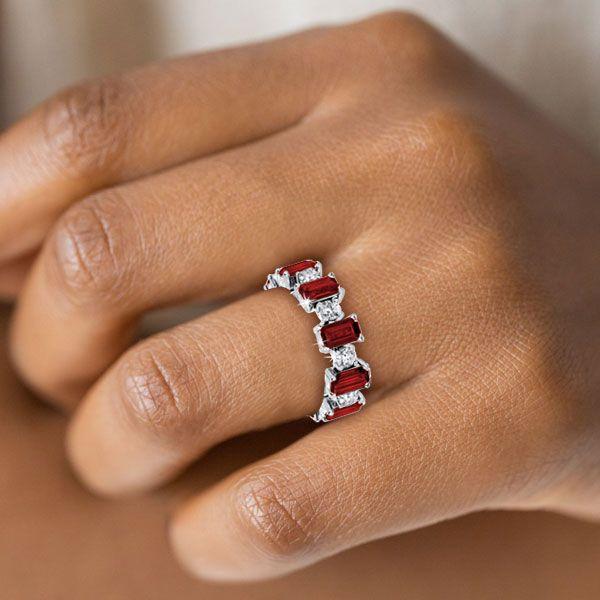Garnet, Emerald & Round Sterling Silver Wedding Band - Alternating Gemstone Ring