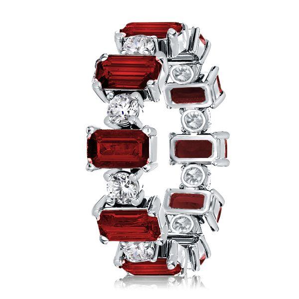 Garnet, Emerald & Round Sterling Silver Wedding Band - Alternating Gemstone Ring