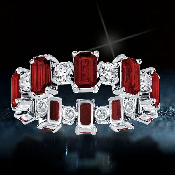 Garnet, Emerald & Round Sterling Silver Wedding Band - Alternating Gemstone Ring