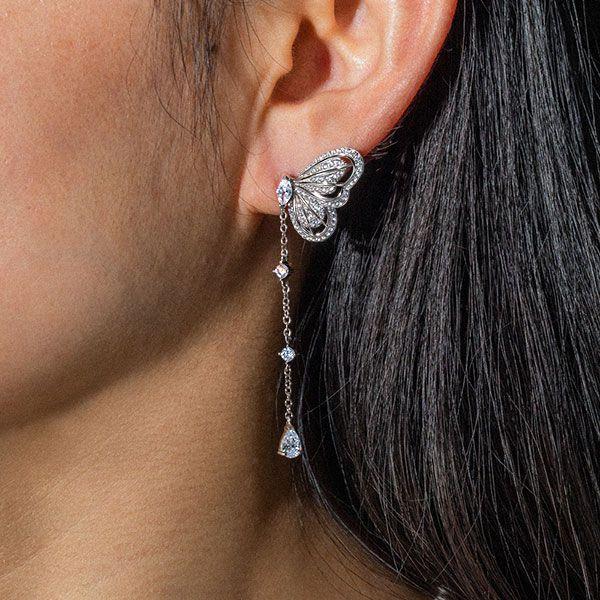 Sterling Silver Butterfly Earrings with White Sapphire Drops