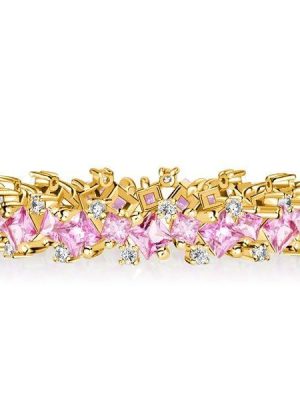 1.27 CT Princess Cut Pink Sapphire Eternity Band Ring, 18K Gold Plated Sterling Silver