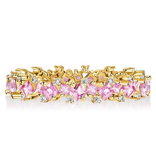 1.27 CT Princess Cut Pink Sapphire Eternity Band Ring, 18K Gold Plated Sterling Silver